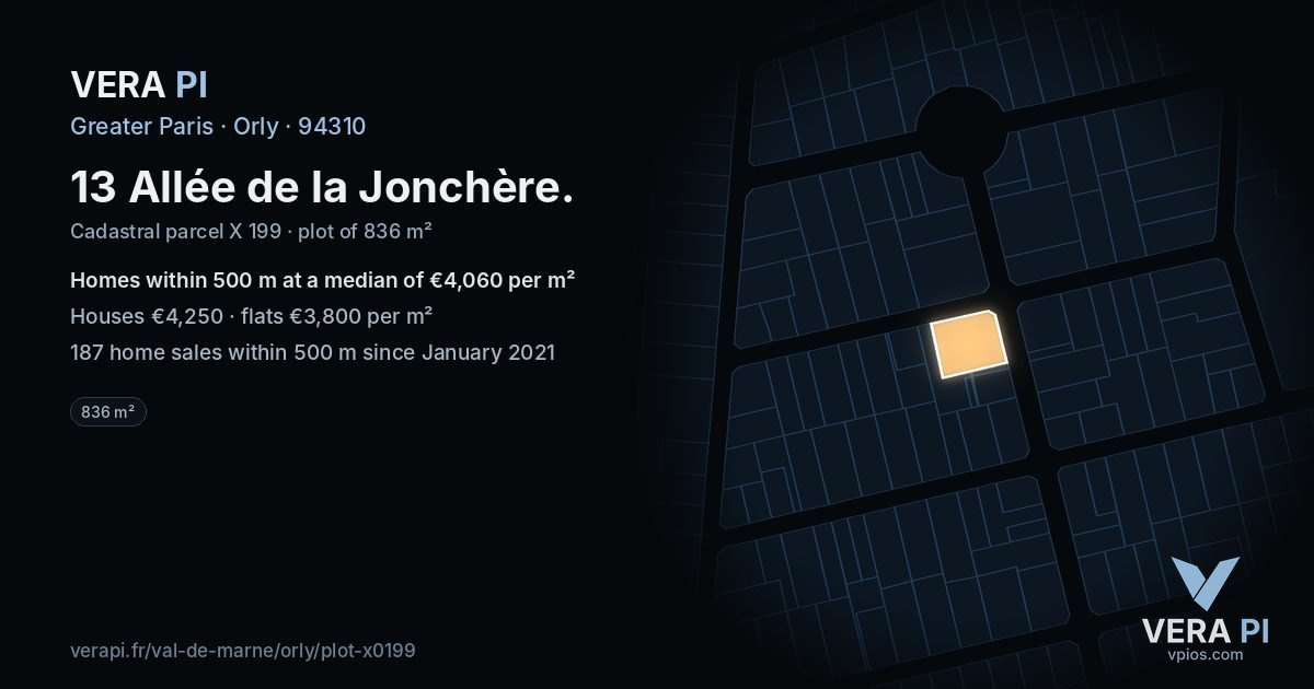 13 Allée de la Jonchère, Orly at night – the plot lit, the parcels around coloured by the prices near them