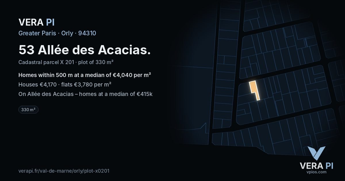 53 Allée des Acacias, Orly at night – the plot lit, the parcels around coloured by the prices near them