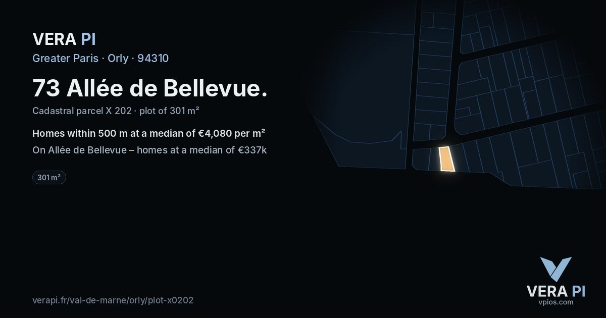 73 Allée de Bellevue, Orly at night – the plot lit, the parcels around coloured by the prices near them