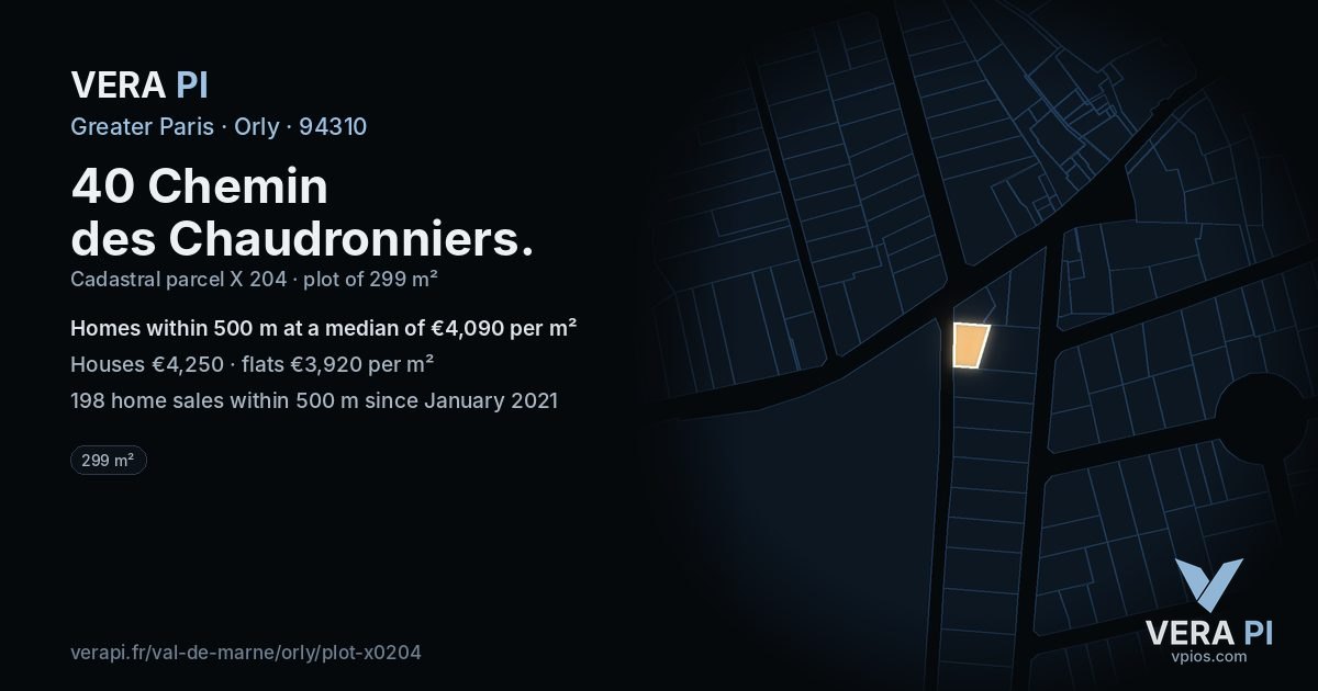 40 Chemin des Chaudronniers, Orly at night – the plot lit, the parcels around coloured by the prices near them
