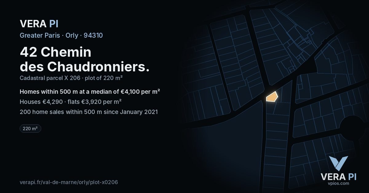 42 Chemin des Chaudronniers, Orly at night – the plot lit, the parcels around coloured by the prices near them
