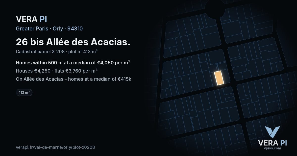 26 bis Allée des Acacias, Orly at night – the plot lit, the parcels around coloured by the prices near them