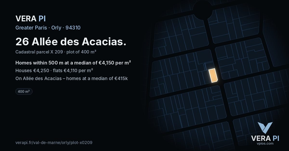 26 Allée des Acacias, Orly at night – the plot lit, the parcels around coloured by the prices near them