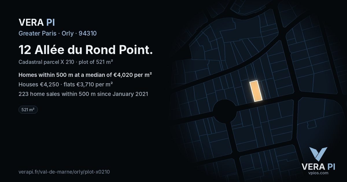 12 Allée du Rond Point, Orly at night – the plot lit, the parcels around coloured by the prices near them