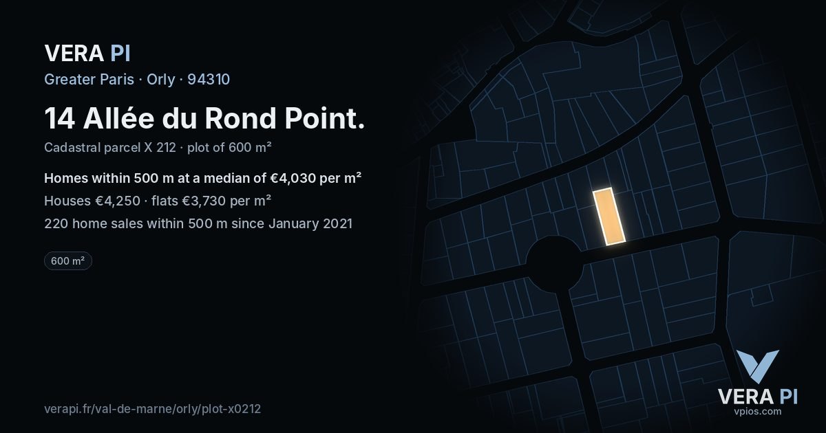 14 Allée du Rond Point, Orly at night – the plot lit, the parcels around coloured by the prices near them