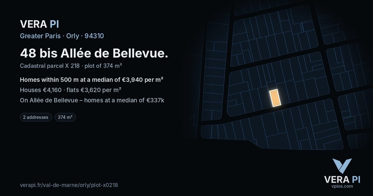 48 bis Allée de Bellevue, Orly at night – the plot lit, the parcels around coloured by the prices near them