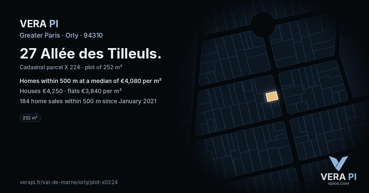 27 Allée des Tilleuls, Orly at night – the plot lit, the parcels around coloured by the prices near them