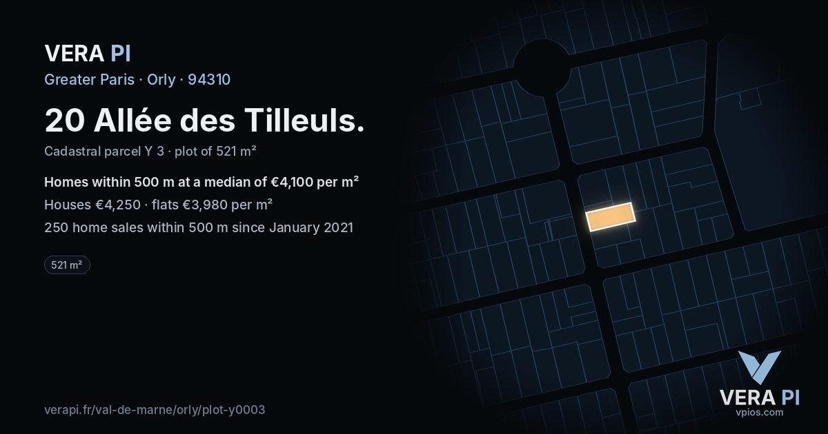 20 Allée des Tilleuls, Orly at night – the plot lit, the parcels around coloured by the prices near them