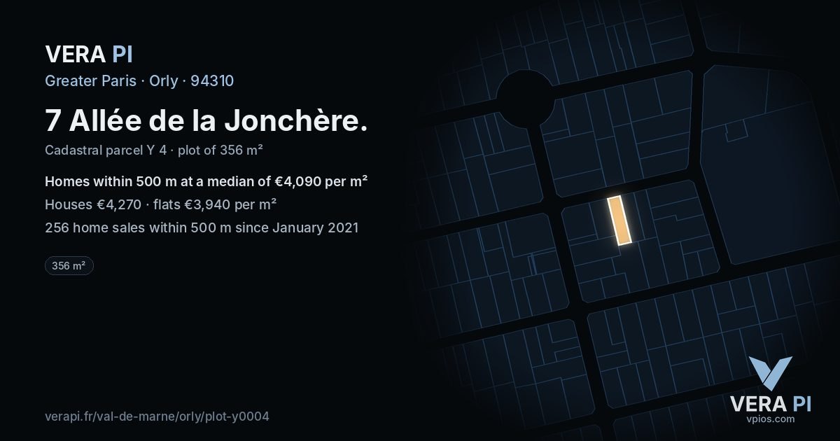 7 Allée de la Jonchère, Orly at night – the plot lit, the parcels around coloured by the prices near them
