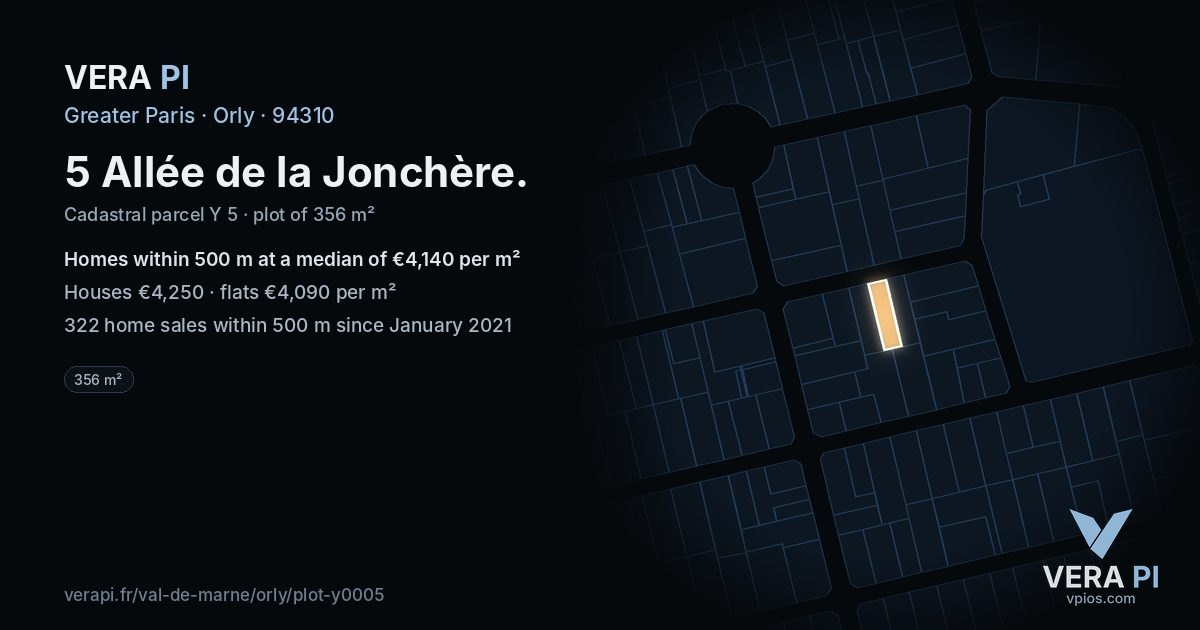 5 Allée de la Jonchère, Orly at night – the plot lit, the parcels around coloured by the prices near them