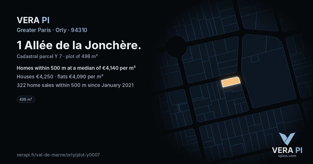 1 Allée de la Jonchère, Orly at night – the plot lit, the parcels around coloured by the prices near them
