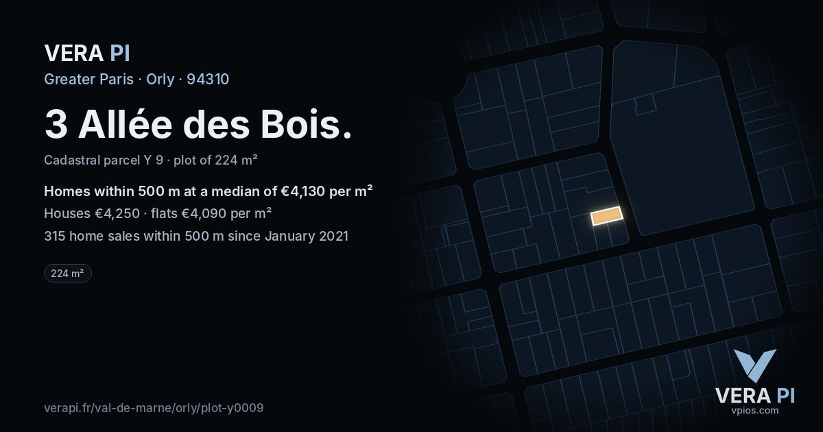 3 Allée des Bois, Orly at night – the plot lit, the parcels around coloured by the prices near them
