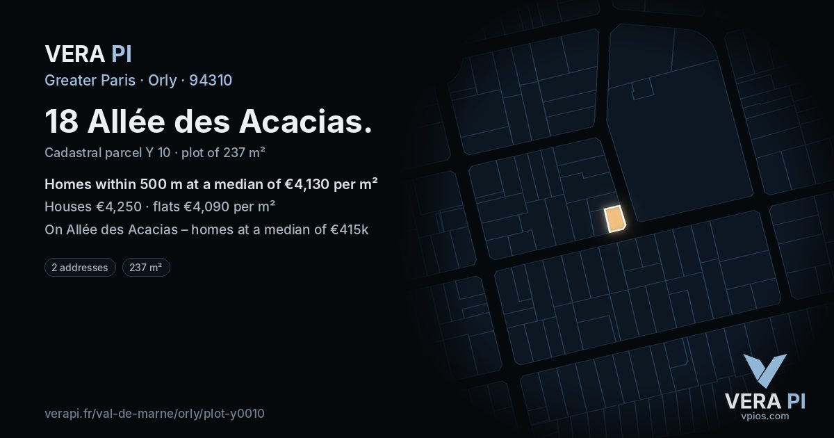 18 Allée des Acacias, Orly at night – the plot lit, the parcels around coloured by the prices near them
