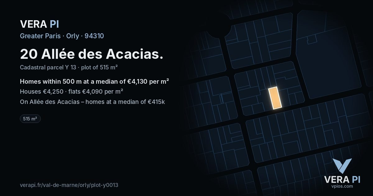20 Allée des Acacias, Orly at night – the plot lit, the parcels around coloured by the prices near them