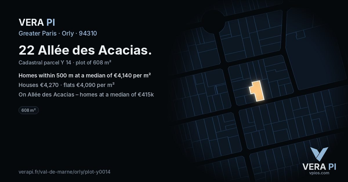 22 Allée des Acacias, Orly at night – the plot lit, the parcels around coloured by the prices near them