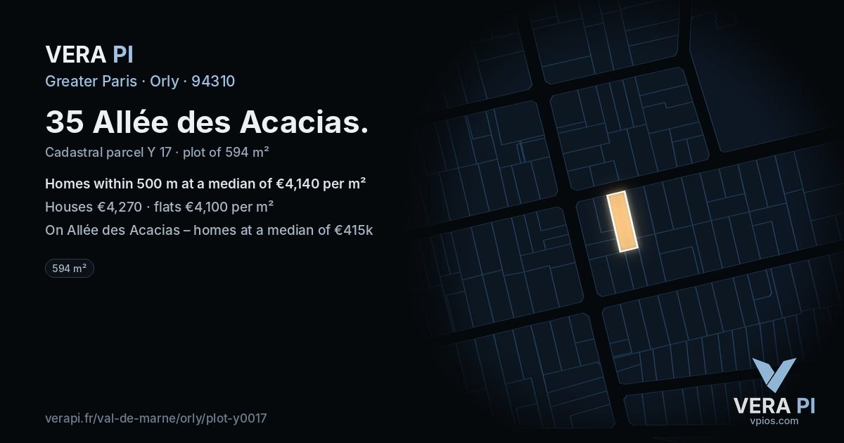 35 Allée des Acacias, Orly at night – the plot lit, the parcels around coloured by the prices near them