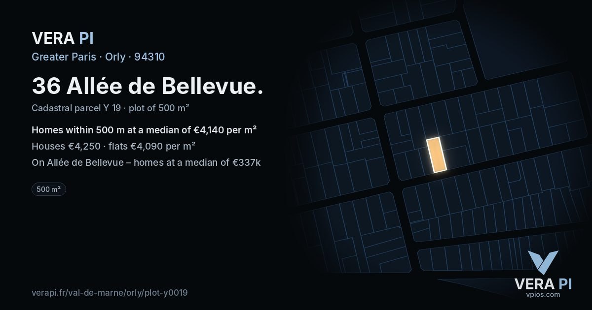 36 Allée de Bellevue, Orly at night – the plot lit, the parcels around coloured by the prices near them