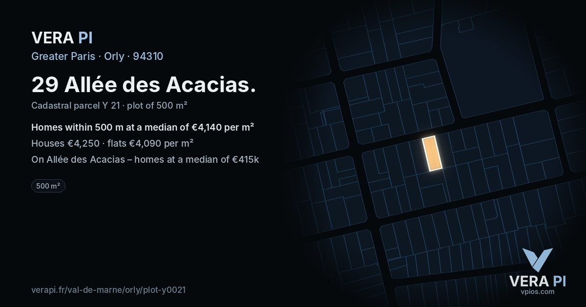 29 Allée des Acacias, Orly at night – the plot lit, the parcels around coloured by the prices near them