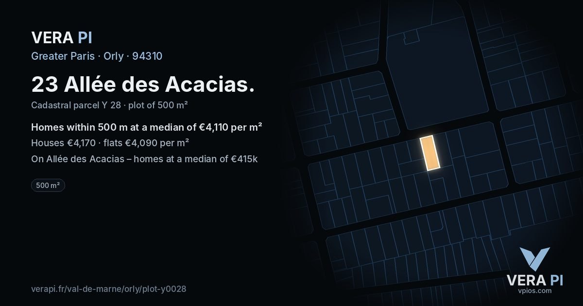 23 Allée des Acacias, Orly at night – the plot lit, the parcels around coloured by the prices near them