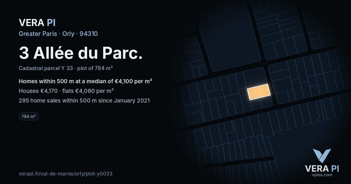 3 Allée du Parc, Orly at night – the plot lit, the parcels around coloured by the prices near them