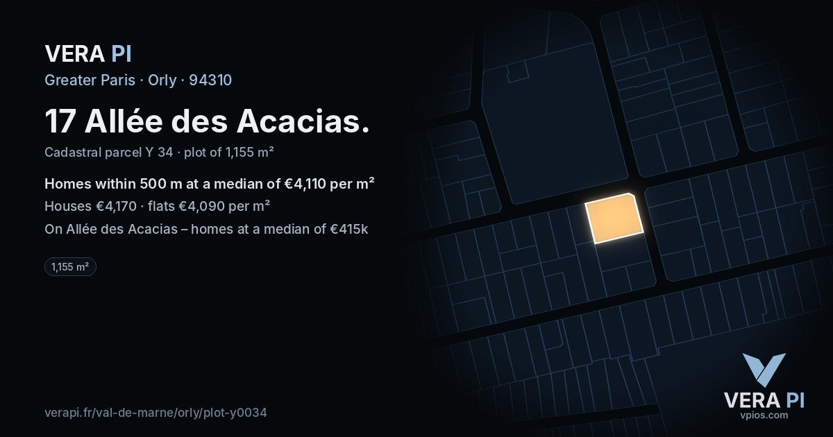 17 Allée des Acacias, Orly at night – the plot lit, the parcels around coloured by the prices near them