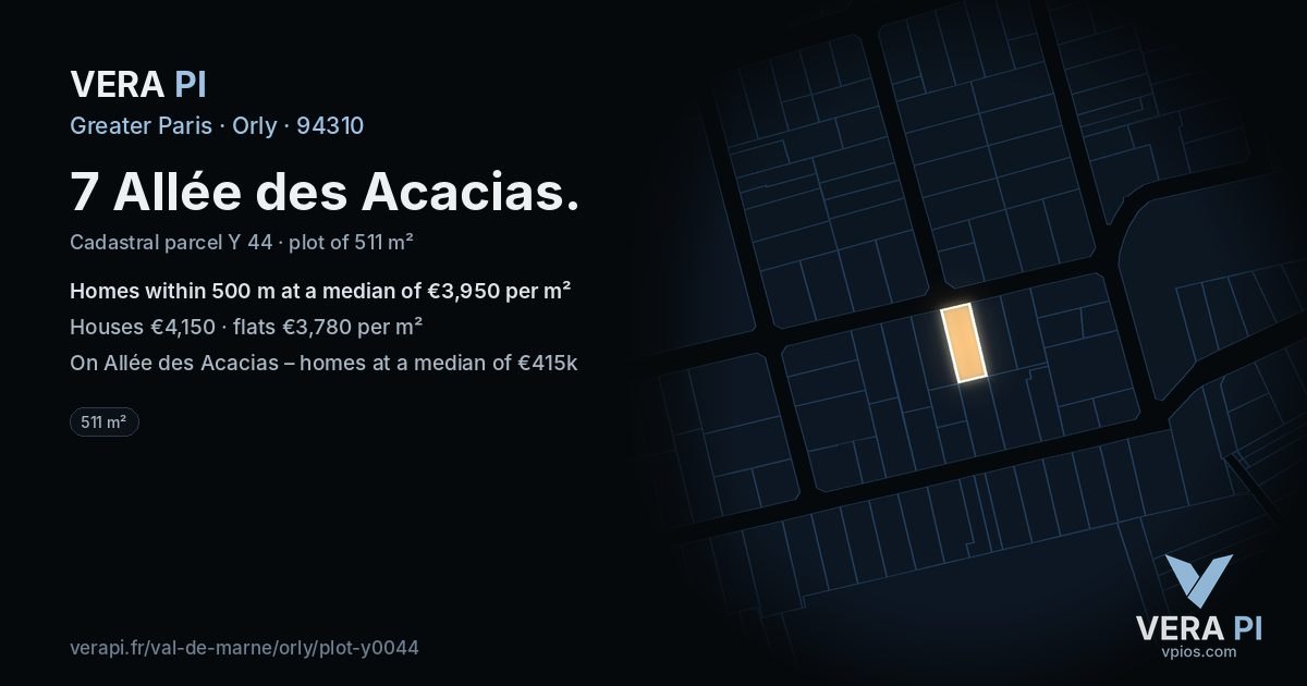 7 Allée des Acacias, Orly at night – the plot lit, the parcels around coloured by the prices near them