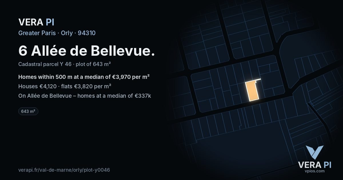 6 Allée de Bellevue, Orly at night – the plot lit, the parcels around coloured by the prices near them