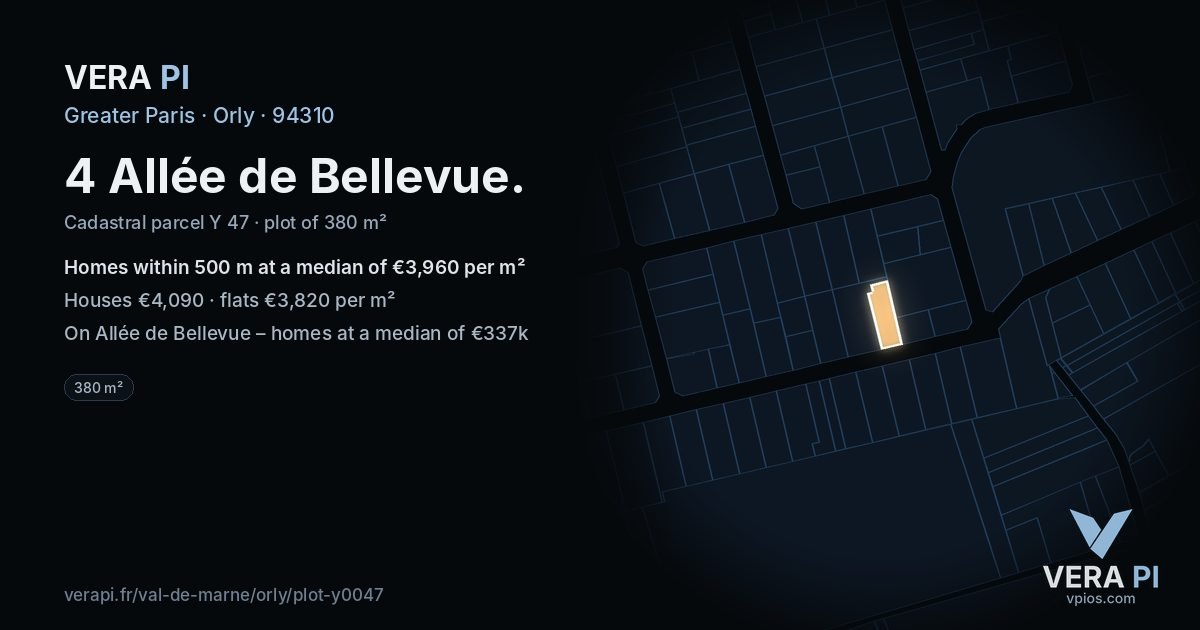 4 Allée de Bellevue, Orly at night – the plot lit, the parcels around coloured by the prices near them