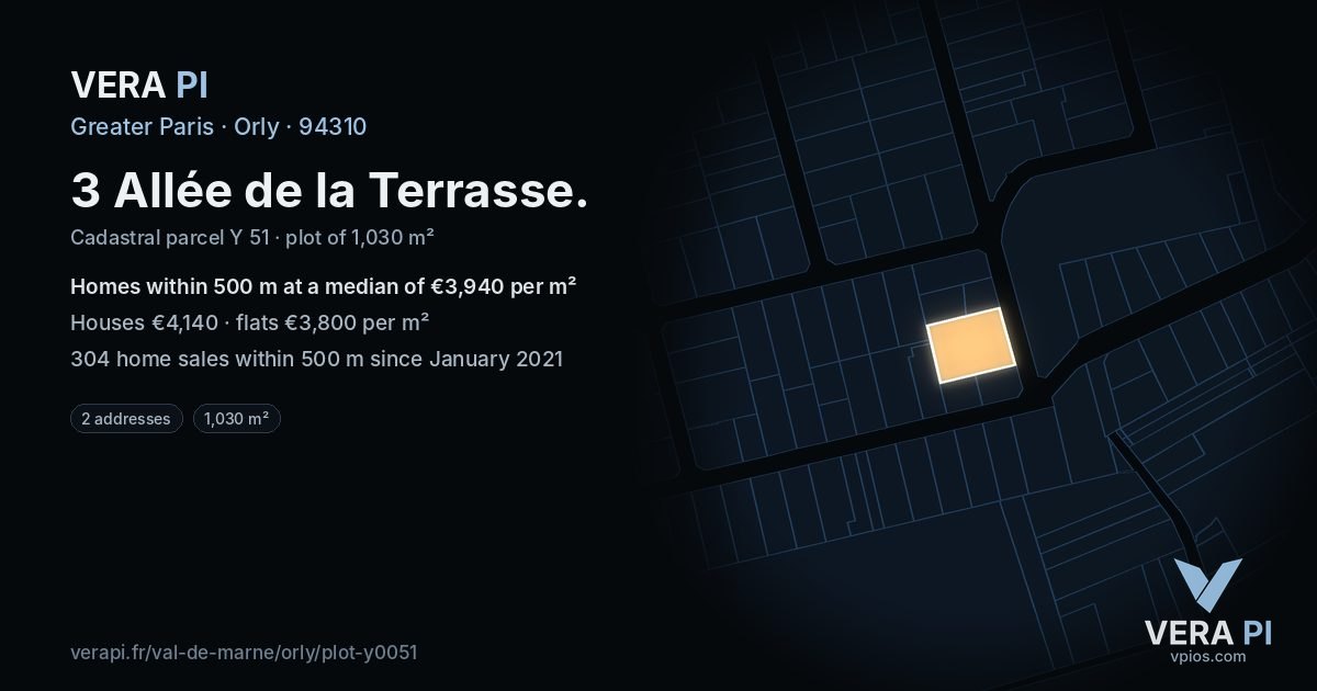 3 Allée de la Terrasse, Orly at night – the plot lit, the parcels around coloured by the prices near them
