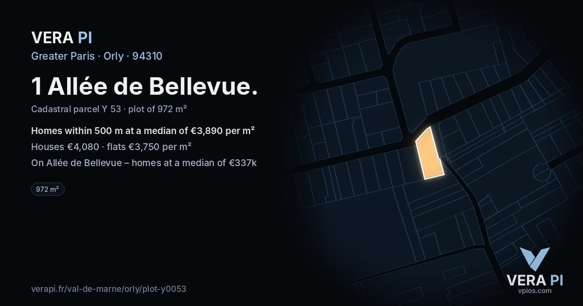 1 Allée de Bellevue, Orly at night – the plot lit, the parcels around coloured by the prices near them