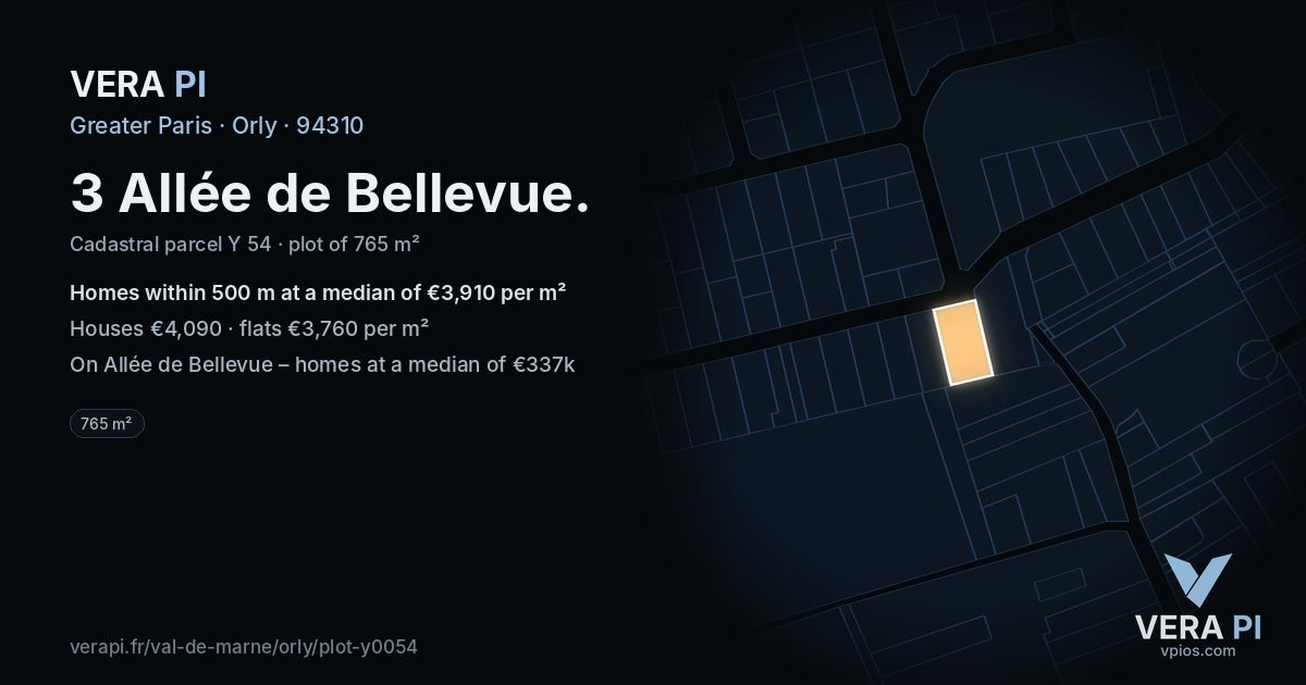 3 Allée de Bellevue, Orly at night – the plot lit, the parcels around coloured by the prices near them
