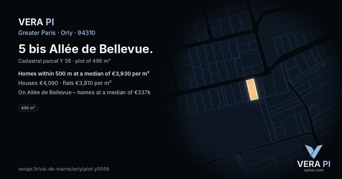 5 bis Allée de Bellevue, Orly at night – the plot lit, the parcels around coloured by the prices near them