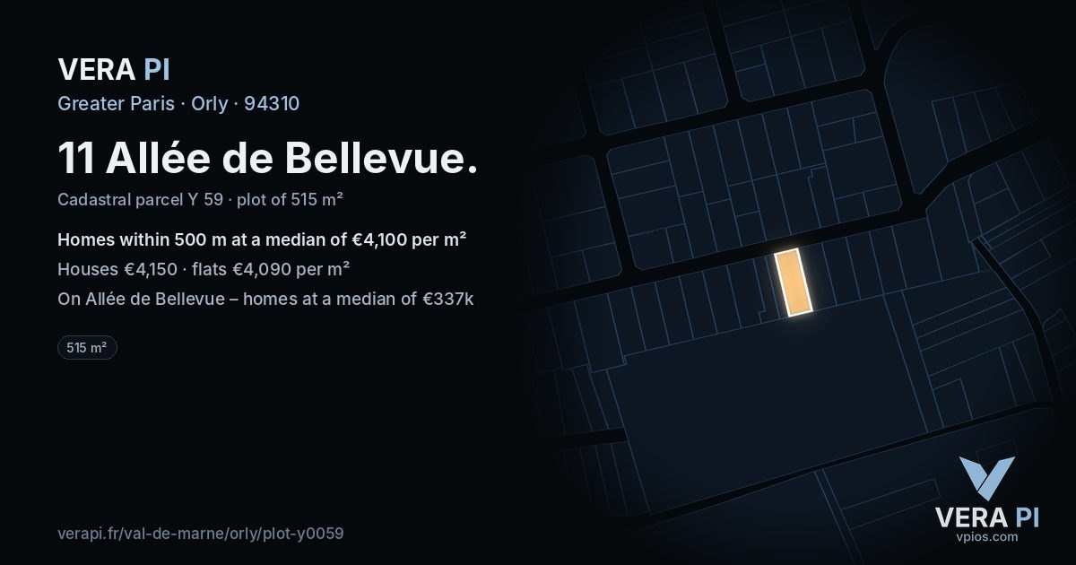 11 Allée de Bellevue, Orly at night – the plot lit, the parcels around coloured by the prices near them