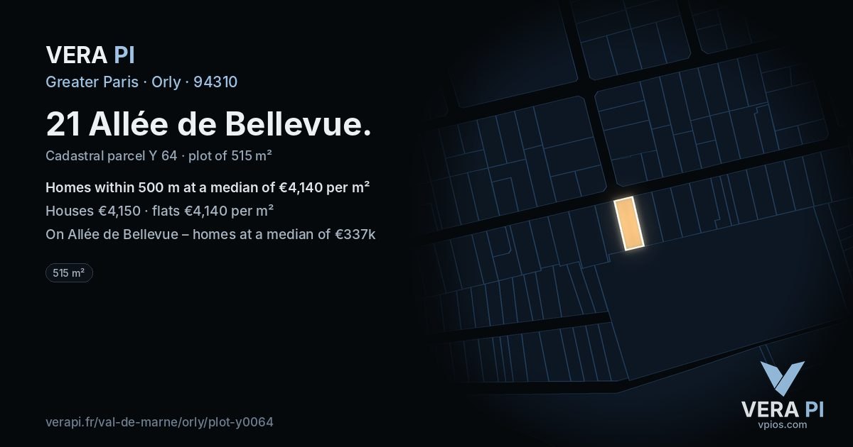 21 Allée de Bellevue, Orly at night – the plot lit, the parcels around coloured by the prices near them