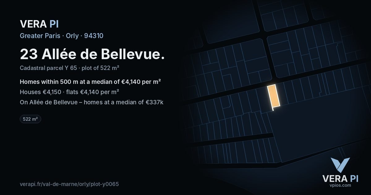23 Allée de Bellevue, Orly at night – the plot lit, the parcels around coloured by the prices near them
