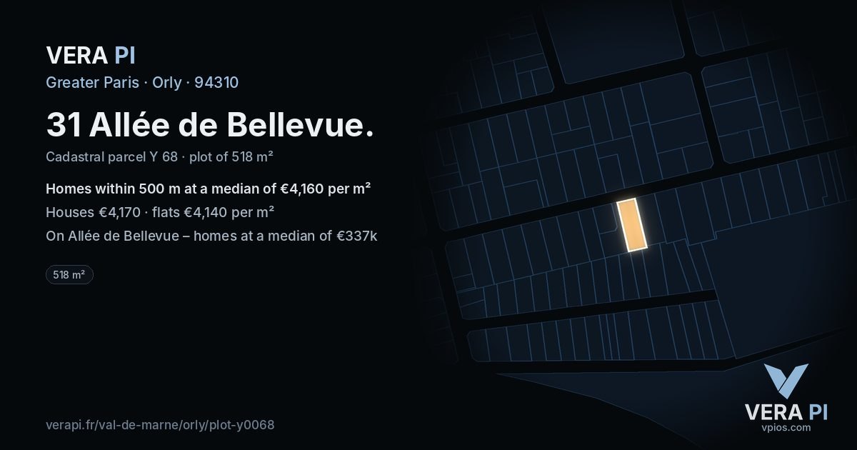 31 Allée de Bellevue, Orly at night – the plot lit, the parcels around coloured by the prices near them