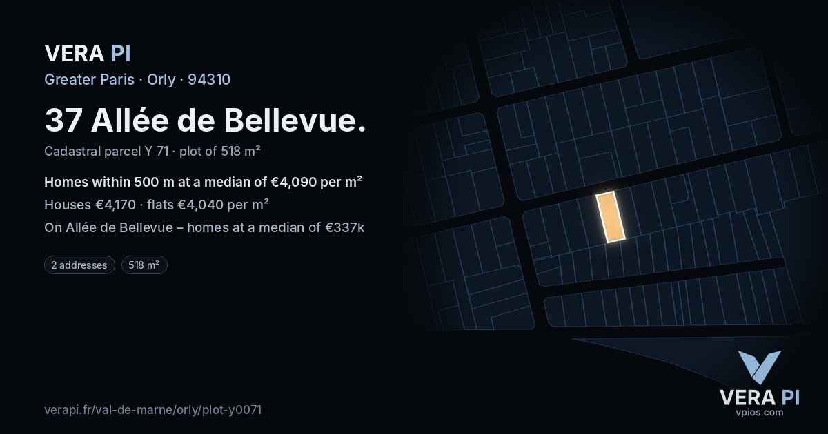 37 Allée de Bellevue, Orly at night – the plot lit, the parcels around coloured by the prices near them