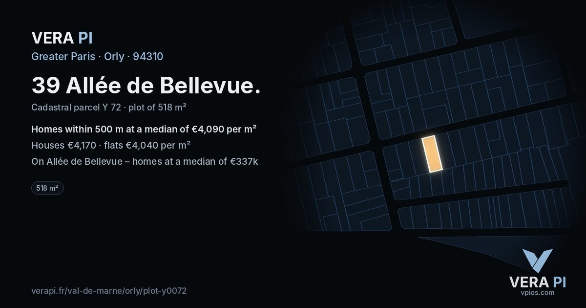39 Allée de Bellevue, Orly at night – the plot lit, the parcels around coloured by the prices near them