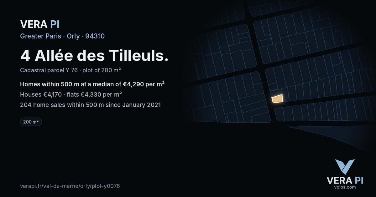 4 Allée des Tilleuls, Orly at night – the plot lit, the parcels around coloured by the prices near them