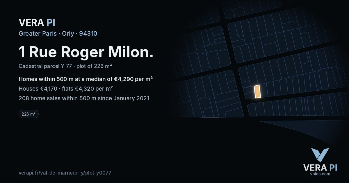 1 Rue Roger Milon, Orly at night – the plot lit, the parcels around coloured by the prices near them