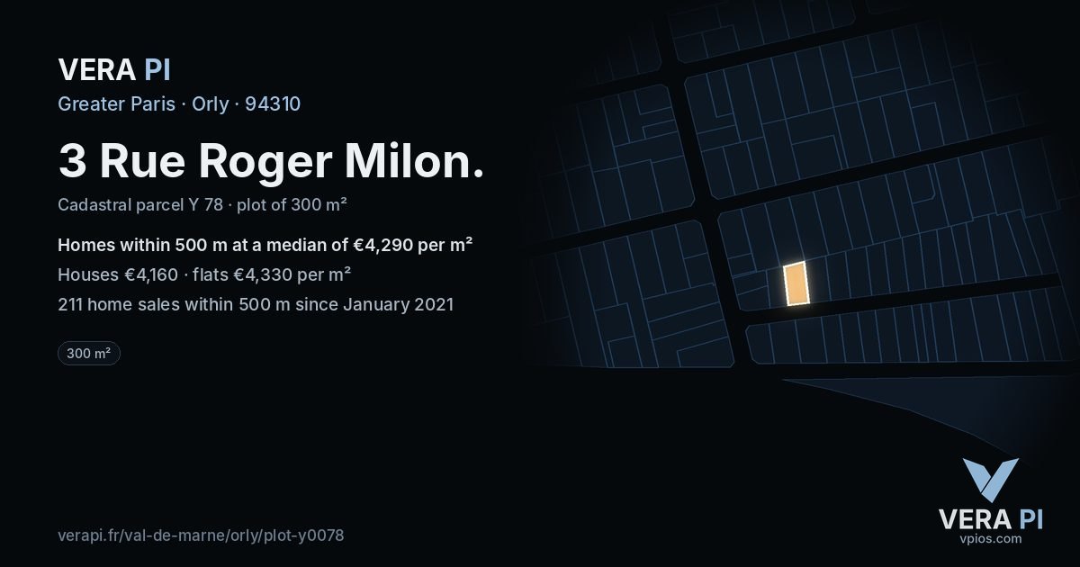 3 Rue Roger Milon, Orly at night – the plot lit, the parcels around coloured by the prices near them