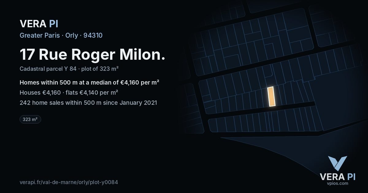 17 Rue Roger Milon, Orly at night – the plot lit, the parcels around coloured by the prices near them