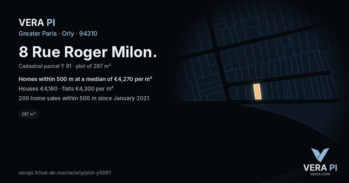 8 Rue Roger Milon, Orly at night – the plot lit, the parcels around coloured by the prices near them