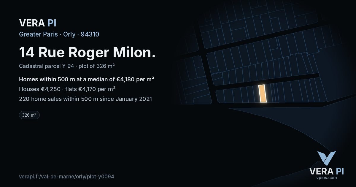 14 Rue Roger Milon, Orly at night – the plot lit, the parcels around coloured by the prices near them