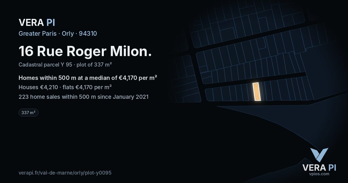 16 Rue Roger Milon, Orly at night – the plot lit, the parcels around coloured by the prices near them