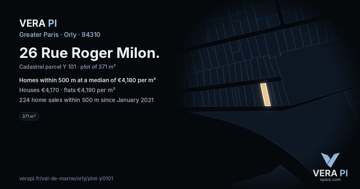 26 Rue Roger Milon, Orly at night – the plot lit, the parcels around coloured by the prices near them