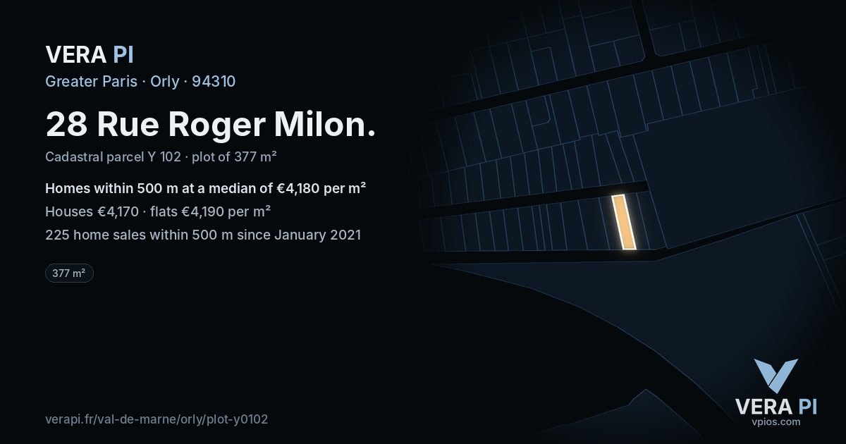 28 Rue Roger Milon, Orly at night – the plot lit, the parcels around coloured by the prices near them