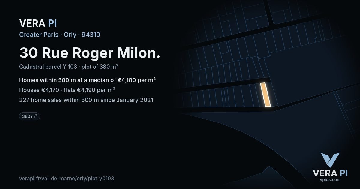 30 Rue Roger Milon, Orly at night – the plot lit, the parcels around coloured by the prices near them