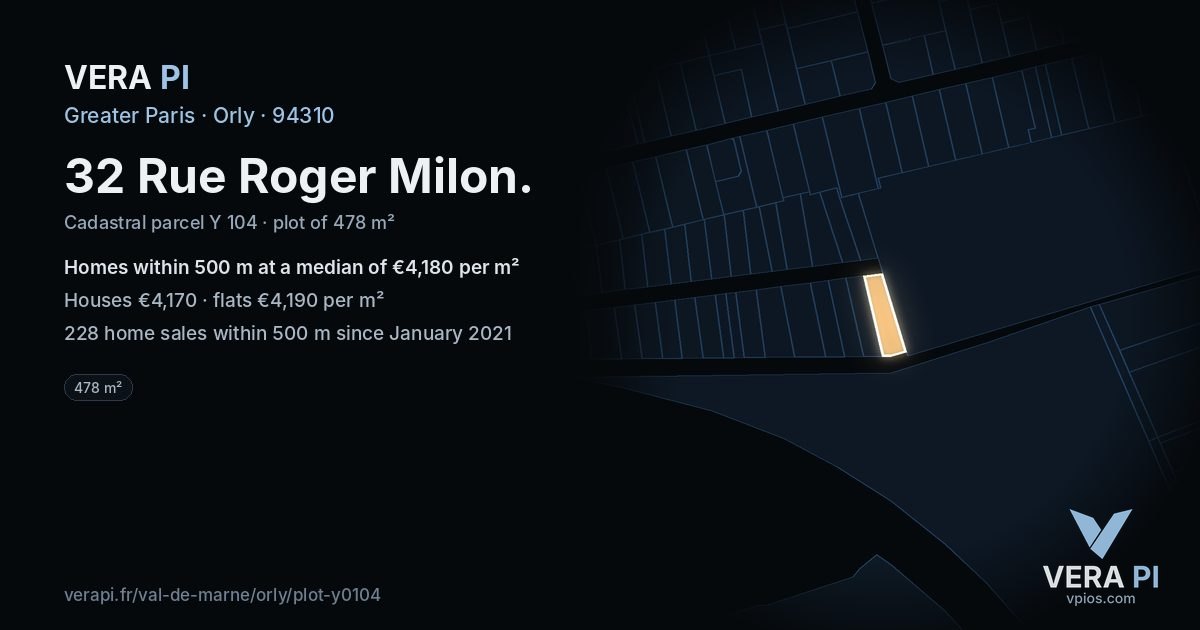32 Rue Roger Milon, Orly at night – the plot lit, the parcels around coloured by the prices near them