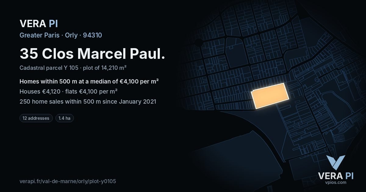 35 Clos Marcel Paul, Orly at night – the plot lit, the parcels around coloured by the prices near them